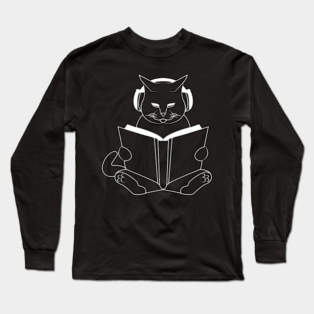 Cat reading book with headphones Long Sleeve T-Shirt by JD Bright Studio